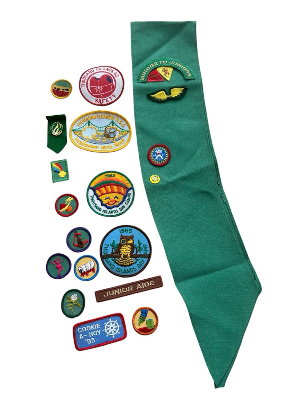 Vintage 1980s Girl Scout Junior Sash & Patch Lot Thousand Islands Camp NY